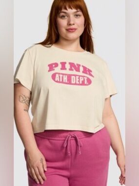 PINK Victoria’s Secret Graphic Crop Tee - Light Cream with Dark Pink Print